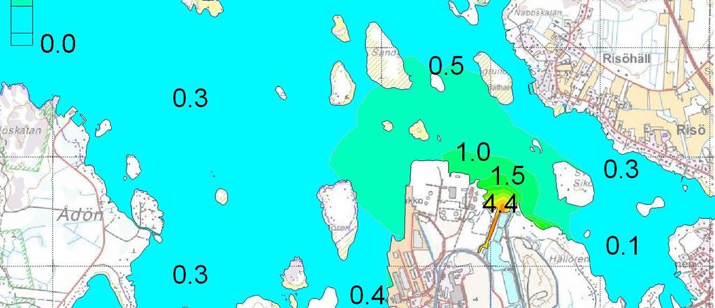 9 Kuva 5- Jätevesikuormituksen aiheuttama kokonaisfosforin pitoisuuslisäyksen alueellinen jakauma vuoden keskiarvona (vasemmalla) ja vuoden aikana esiintyvänä maksimiarvona (oikealla).