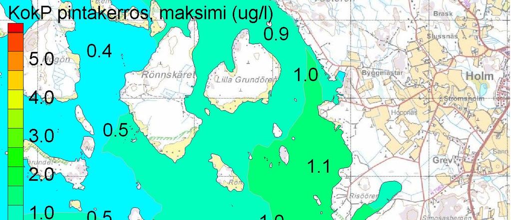 Kokonaistyppi Bioetanolitehtaan käsiteltyjen jätevesien mallinnukseen perustuva vaikutus vesistön kokonaistyppipitoisuuteen Pietarsaaren merialueella on esitetty seuraavissa jakaumakuvissa (Kuva 5-).