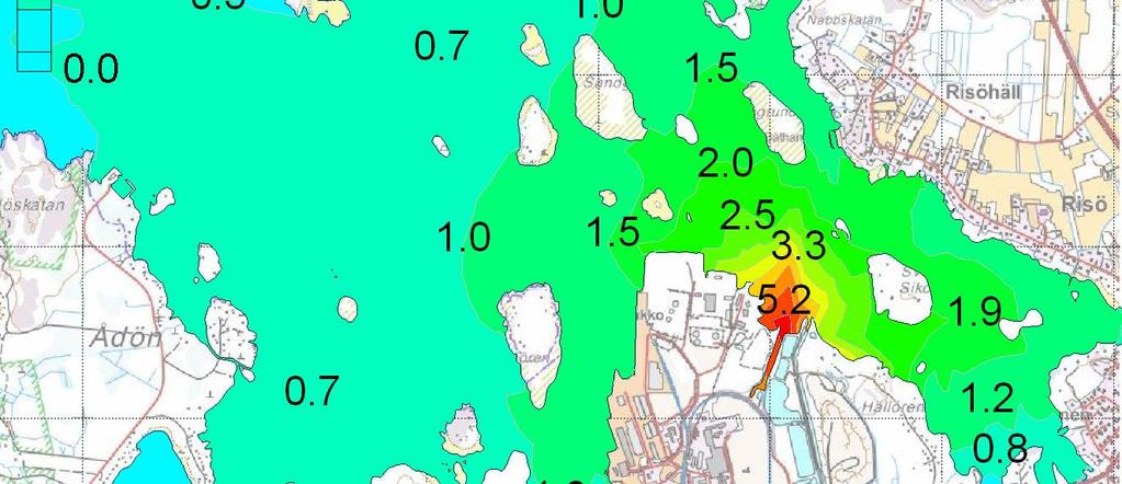 Jätevesien purkualueella typpipitoisuus kasvaa vuoden keskiarvona µg/l ja maksimissaan 5 µg/l. Purkualueen edustalla (noin km :n alue) pitoisuus kasvaa keskimäärin 5 µg/l ja maksimissaan 5 5 µg/l.