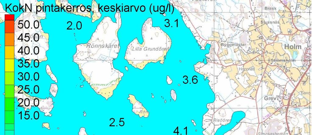 Kuva 5- Jätevesikuormituksen aiheuttama kokonaistypen pitoisuuslisäyksen alueellinen jakauma vuoden keskiarvona (vasemmalla) ja vuoden aikana esiintyvänä maksimiarvona (oikealla).