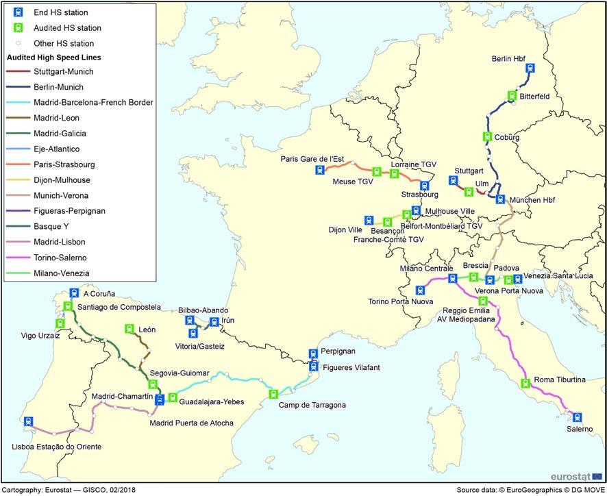23 Suurnpeusjunan pääteasema Tarkastettu asema Muu s uurnpeusjunan asema Tarkastetut suurnpeusradat Stuttgart München Berliini München Madrid Barcelna Ranskan raja Madrid León Madrid Galicia Eje