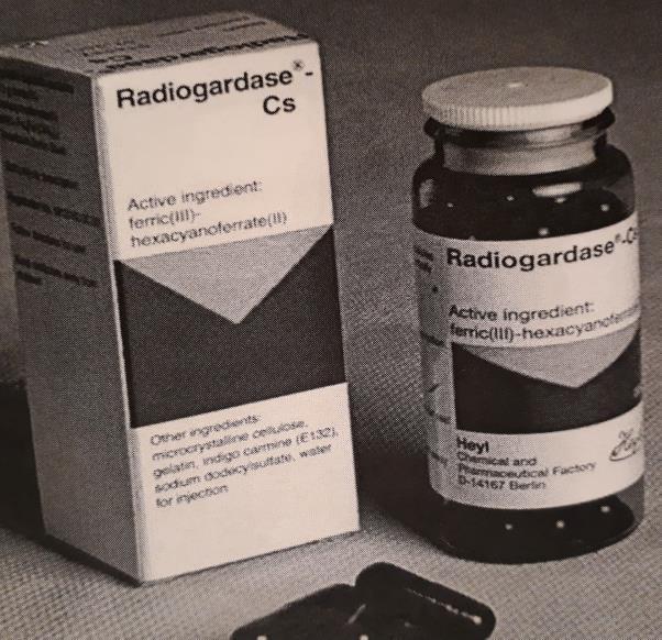 Berliinisini (Prussian Blue, Radiogardase ) - Cesium, tallium 500 mg kapseleissa. Annostus: ensin 3gm x3, sitten 6 gm/pv, eritystä seuraten, lapsille 1-1.