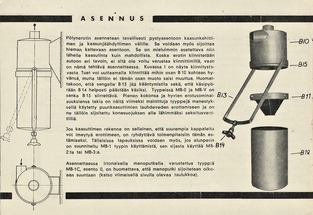 * ASENNUS Pölynerotin asennetaan tavallisesti pystyasentoon kaasunkehittimen ja kaasunjäähdyttimen välille. Se voidaan myös sijoittaa hieman kaltevaan asentoon.