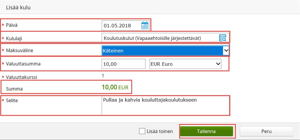 Kulu -välilehdellä voit lisätä veloituksellesi kulun. Matkaliput lisätään kuluina.