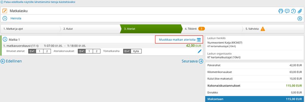 Ateriat välilehdellä otetaan kantaa aterioihin. Muokkaa aterioita -painikkeesta pääset ottamaan kantaa aterioihin.