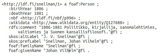 26 Kuva 4: Esimerkki henkilö-resurssin RDF-kuvauksesta suku- ja etunimi ensin, sekä useimmissa tapauksissa muutaman sanan mittainen elämäkerta.
