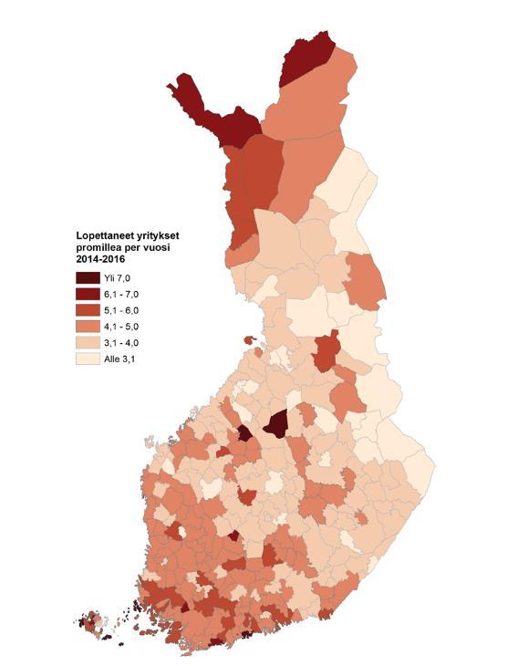 Kuva 2. Lopettaneet yritykset kunnittain promillea per vuosi vuosina 2014 2016.