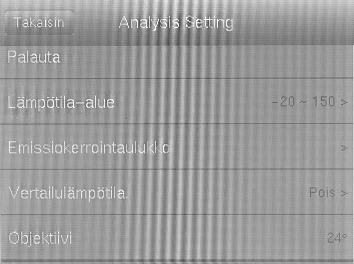 Emissiokerroin Aseta emissiokerroin, arvoalue 0,00 1,00 Välimatka Ympäristön lämpötila Heijastuslämpötila Ilmankosteus Offset Tausta Lämpötila-alue Emissiokerrointaulukko Vertailulämpötila Säädä