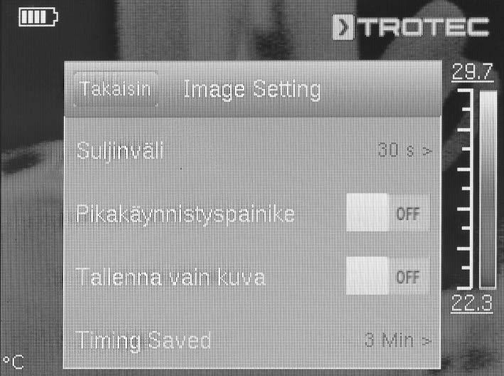 vain kuva -toiminnon aktivointi tai deaktivointi Ajastetun kuvauksen aktivointi ja automaattisen kuvantallennuksen aikavälien valinta Alavalikko Bluetooth Tässä alavalikossa voit yhdistää laitteen