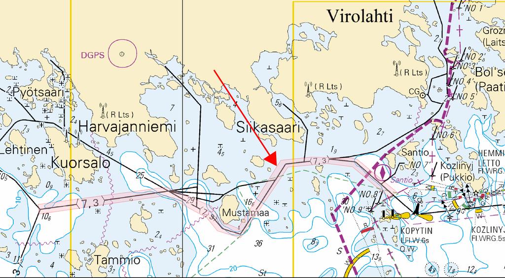 Suomenlahti/Finska viken/gulf of Finland *24(T) /2018 (2018-01-31) Suomi. Suomenlahti. Virolahti. Santion väylä (7.3 m). Talvikaudeksi suljettu väylä. Väylät Finland. Finska viken. Vederlax.