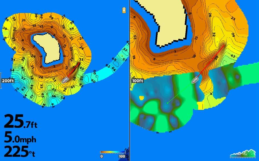 Pohjan kovuuskäyrät ja vesikasvillisuusalueet AutoChart LIVE -kartalle voidaan tarvittaessa asettaa näkyviin myös Pohjan kovuuskäyrät ja/tai vesikasvillisuusalueet