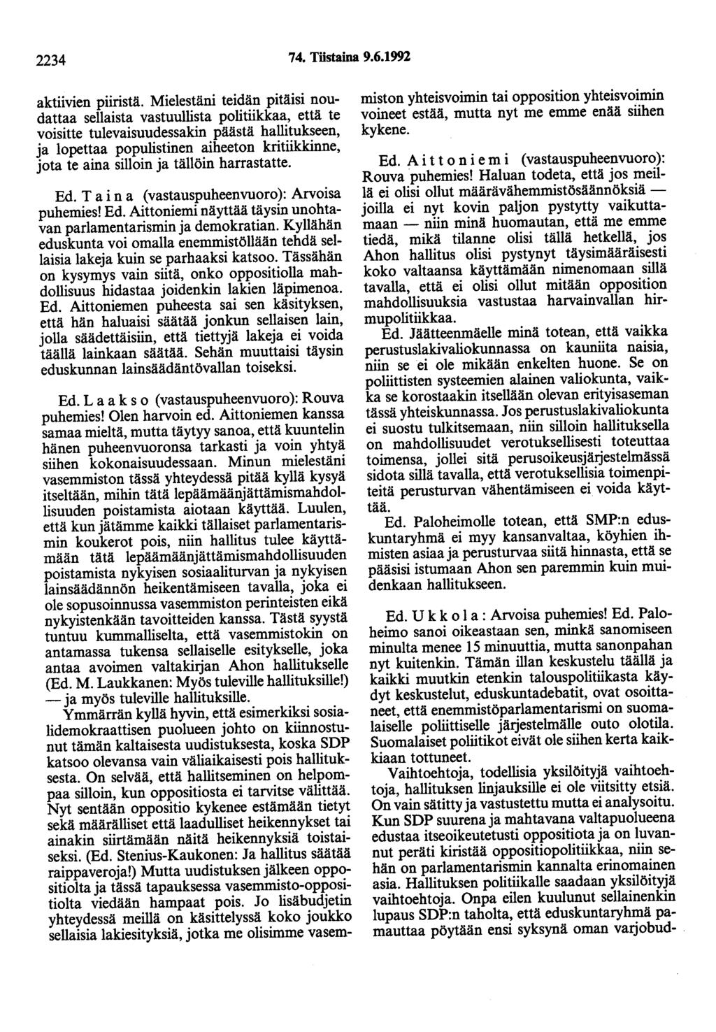 2234 74. Tiistaina 9.6.1992 aktiivien piiristä.