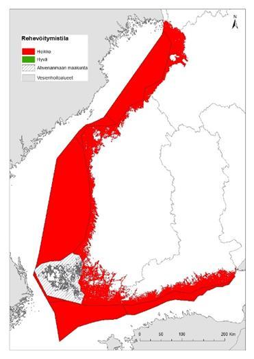 Rehevöityminen Suomen kaikki avomerialueet ja rannikkovedet ovat rehevöitymistilan kokonaisarvion mukaan heikossa tilassa. Rehevöitymistilan laskenta on tehty avomerellä merialuekohtaisesti.