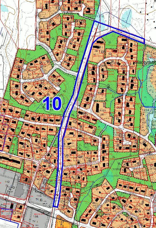 Kohde 10. Ratikyläntie, asemakaavan muutos LT-alueesta katualueeksi.