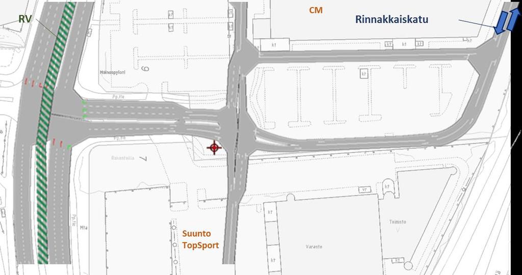 Kuva 17. Citymarketin, Suunnon ja Rinnakkaiskadun järjestelyt (minimivaihtoehto). 5.2.