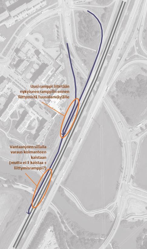 Vantaanjoen sillan leveys riittää kolmeen kaistaan, mutta ei todennäköisesti enää kolmikaistaiseen ajorataan liittyvälle liittymiskaistalle.
