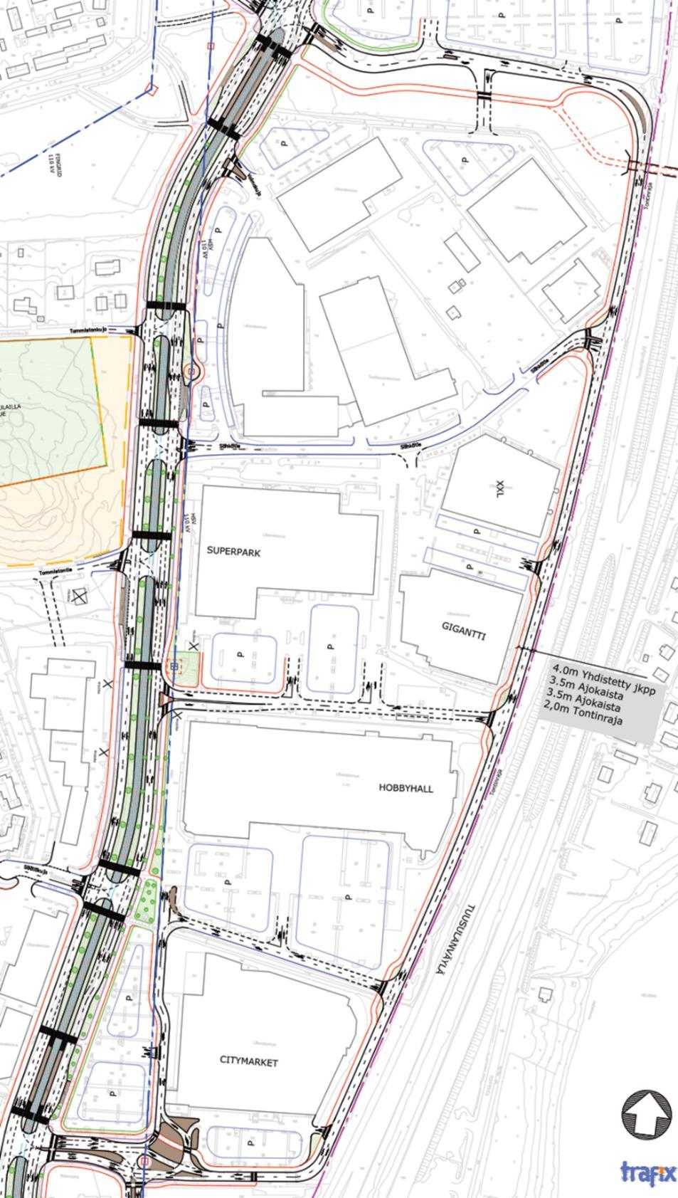 7.2 Rinnakkaiskatu ja raitiotie llä SUUNNITELMA JA PERUSPERIAATTEET n rinnakkaiskatu kulkee Bauhausin risteyksestä Tuusulanväylän vartta Citymarketin risteykseen.
