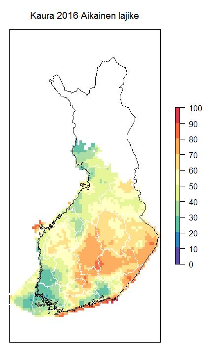 Kohonneen DON-riskin ennuste kauralla 20.9. 2016: Alueelliset erot suuria.