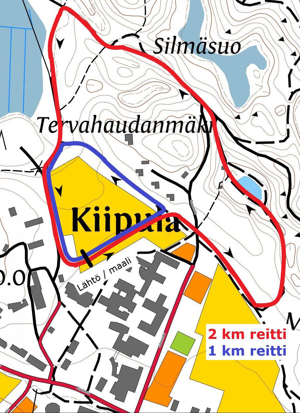 KILPAILUREITTI Reitti on pääosin sorapintainen ulkoilureitti. Flying Finns 9- ja 10-vuotiaat käyttävät reittikartassa sinisellä näkyvää 1 km lenkkiä.