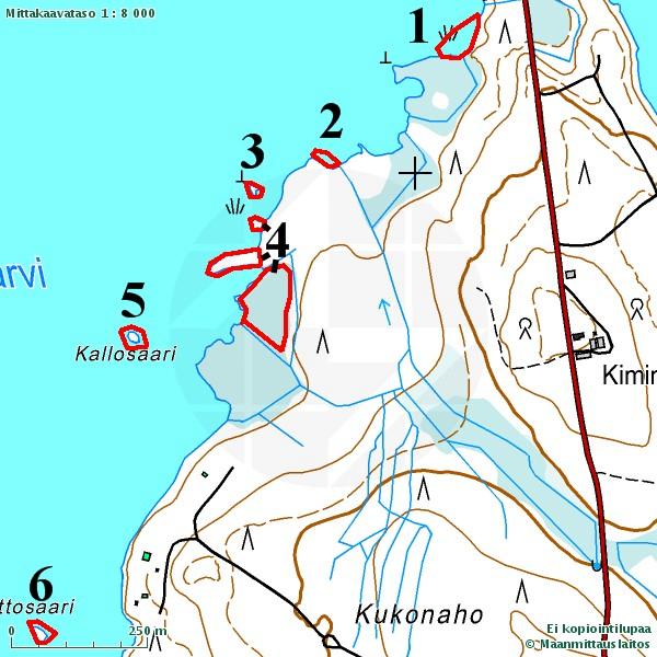 7 Saarijärven Kiminginjärven ja Tohtaanjärven luontoselvitys 2010 Kartta 1. Tutkimusalueen arvokkaita luontokohteita 1 6. 4.