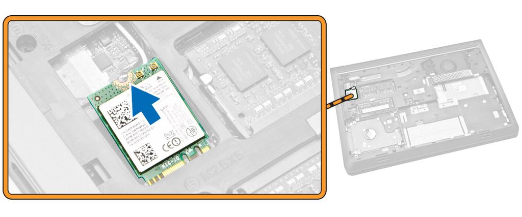 Kiristä ruuvi, jolla WLAN-kortti kiinnittyy tietokoneeseen. 5. Asenna seuraavat: a. akku b. rungon suojus 6.