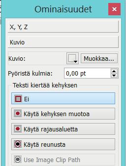 Voit tarkastella tätä ominaisuudet paneelin kuva valikossa: Todellinen X ja Y-DPI. 3. kerros. kerros Tekstin kierrättäminen onnistuu Ominaisuudet paneelin Kuvio kohdasta.