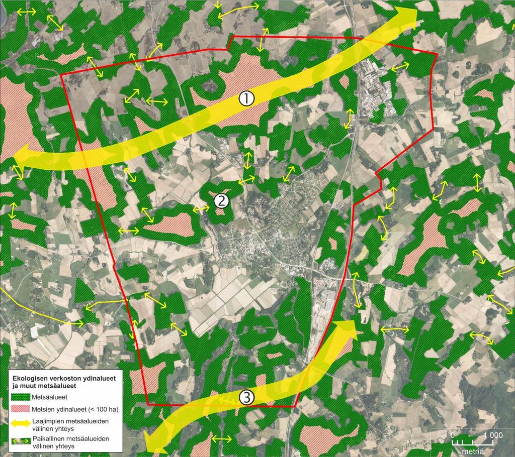 5 SUUNNITTELUALUEEN EKOLOGISET YHTEYDET 5.1 Ekologisen verkoston yleiskuva Suunnittelualueelta aiemmin tunnistetut ekologiset yhteydet (Lammi & Routasuo 2013) yhdistävät metsäalueita toisiinsa.
