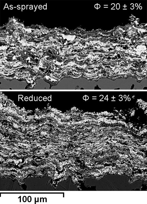 Fig. 8 Backscattered electron (BSE) images before and after reduction of two different composite coatings containing Cu, Co, Ni, and SDC, fabricated without pore former and using the nominal plasma