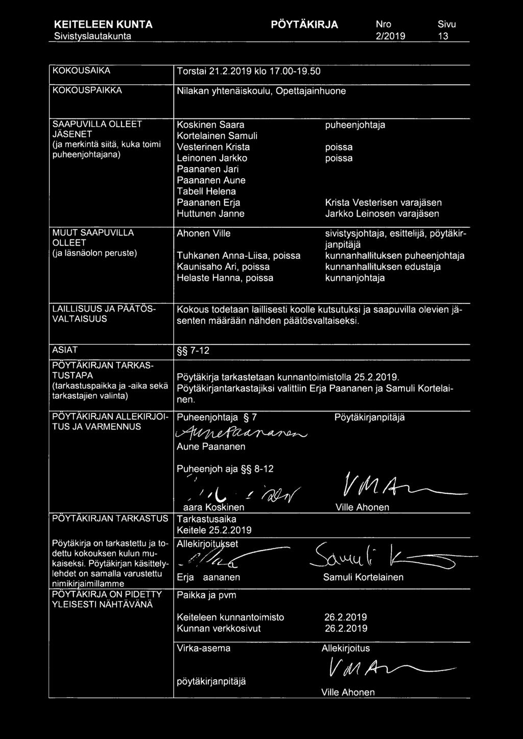 puheenjohtajana) Leinonen Jarkko poissa Paananen Jari Paananen Aune Tabell Helena Paananen Erja Krista Vesterisen varajäsen Huttunen Janne Jarkko Leinosen varajäsen MUUT SAAPUVILLA Ahonen Ville