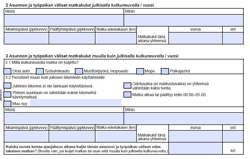 Asunnon ja työpaikan välisten matkakulujen ilmoittaminen paperilla (työ- ja