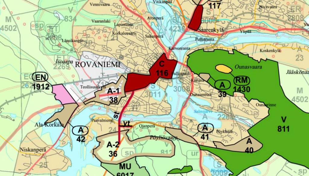 9 Kuva 3. Kaavayhdistelmä, jossa taustalla himmeällä Rovaniemen maakuntakaava (2001) ja kirkkaana päällä Rovaniemen vaihemaakuntakaava (2010).