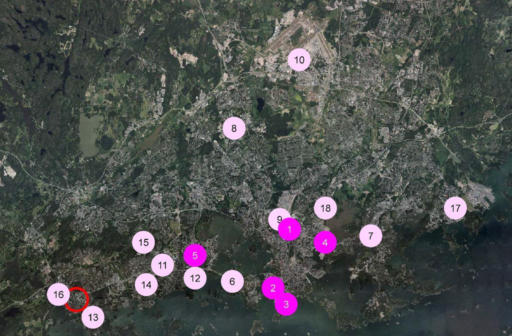 4 Tuulitunnelikokeilla tutkitut referenssikohteet (tutkimuksen vuosi suluissa): 1. Keski-Pasila (2004, 2010) 2. Jätkäsaari (2007) 3. Hernesaari (2012) 4. Kalastaman keskus (2011, 2012, 2015) 5.