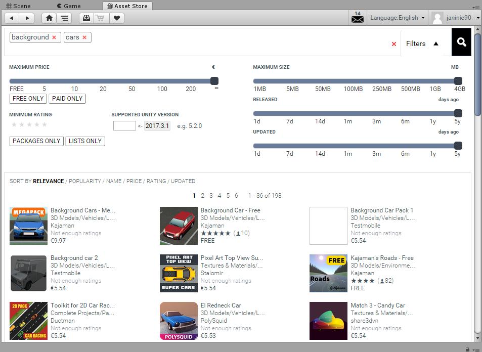 21 4.1.2 Unity Asset Store Unity Asset Storesta voi ladata muun muassa ilmaisia tai maksullisia työkaluja, grafiikkaa, laajennuksia ja palveluita Unityyn.