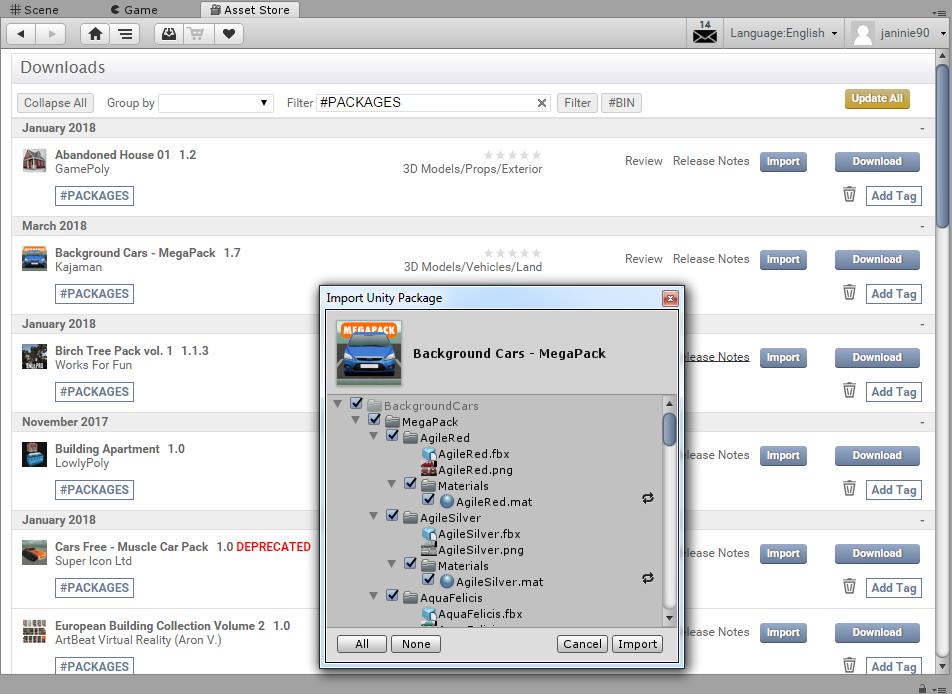 22 Kun käyttäjä ostaa Asset Storesta jonkin paketin, niin se ilmestyy Asset Storen Download Manager välilehdelle.