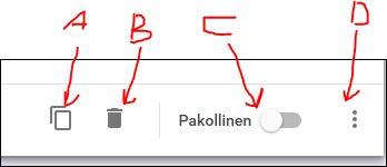 2 A: Kopioi kysymys B:Poista kysymys C. Kysymys voidaan määrittää pakolliseksi liukukytkimellä. Klikataan pallukkaa.