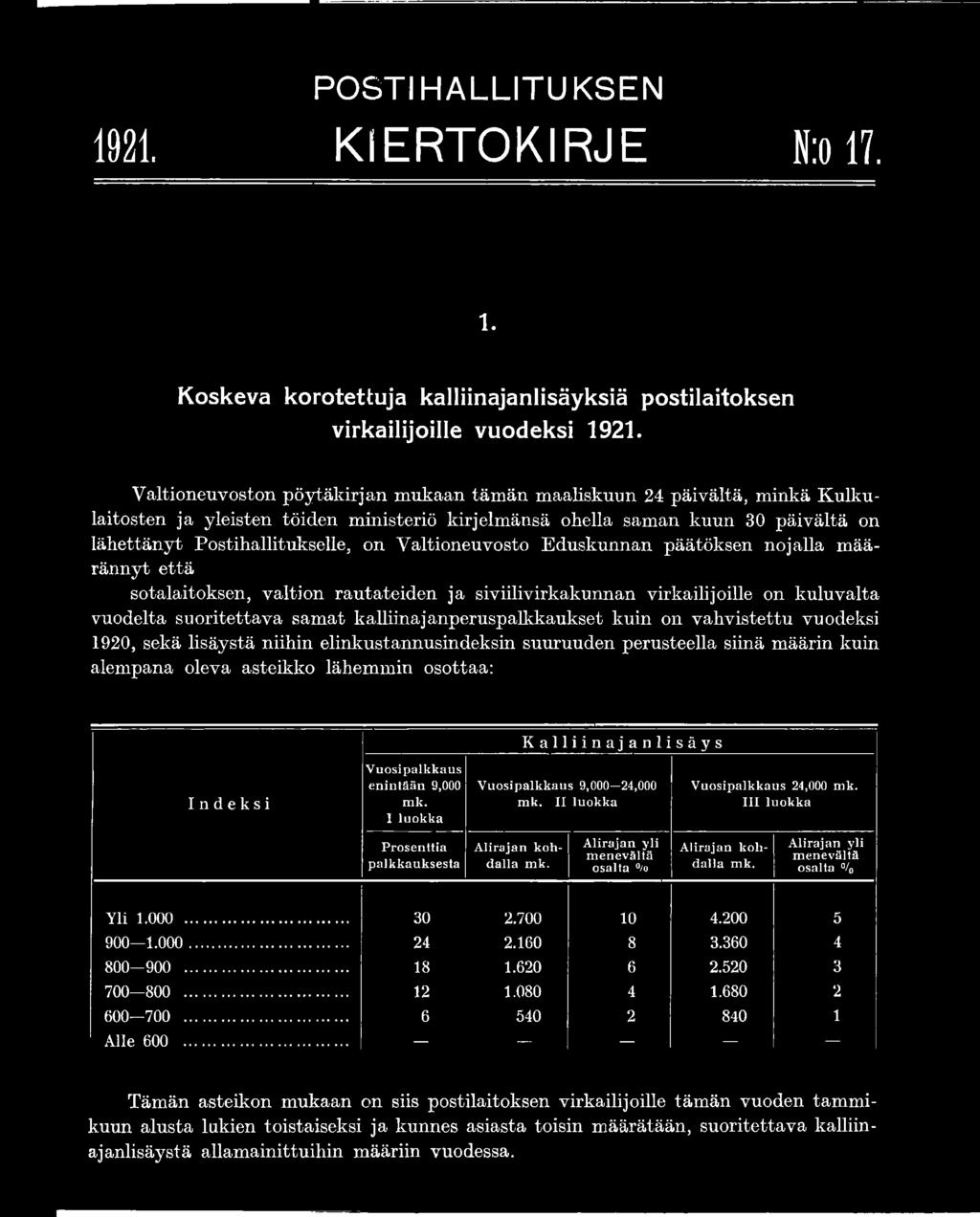 Valtioneuvosto Eduskunnan päätöksen nojalla määrännyt että sotalaitoksen, valtion rautateiden ja siviilivirkakunnan virkailijoille on kuluvalta vuodelta suoritettava samat kalliinajanperuspalkkaukset