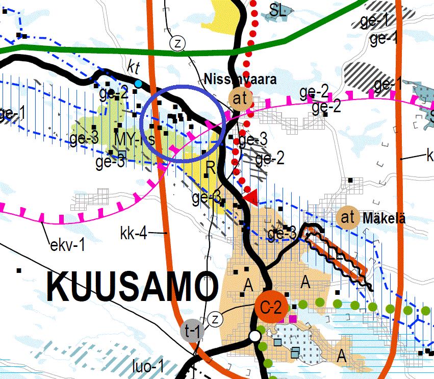 12 Kuva 12 Ote maakuntakaavayhdistelmästä. Muutosalue violetin ympyrän sisällä Kuusamon kaupunginvaltuusto on 6.11.