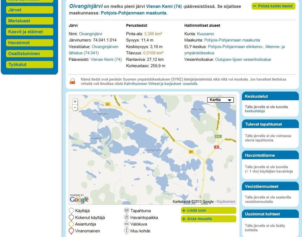 8 Kuva 6 Järviwikin tiedot Oivanginjärvestä Oivanginjärven eteläpuolella on Kirkonkylän tärkeä pohjavesialue