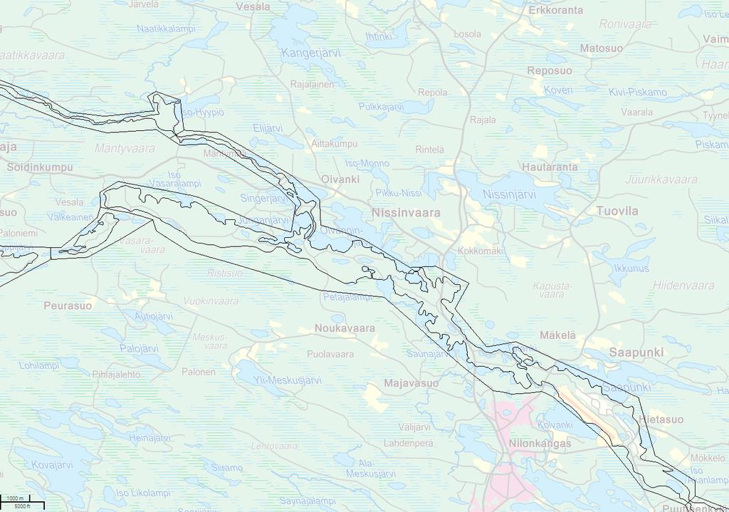 Kuva 7 Pohjavesialueen rajaus Oivangin osayleiskaavoituksen yhteydessä on alueen luonnonympäristö,