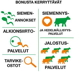 jalostuspalveluista ja kaikista ostetuista tarvikkeista. Bonusta kertyy 0,5-5 % ostoista, taso määräytyy karjatunnuskohtaisten laskutustietojen perusteella.