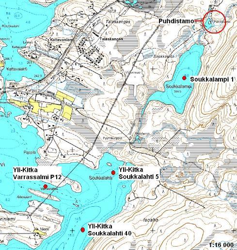 Kitkan Varrassalmessa. Soukkalammesta ja Soukkalahden pisteiltä näytteitä otetaan useista syvyyksistä. Havaintopisteiden sijainti kartalla on esitetty seuraavassa kuvassa (Kuva 21).