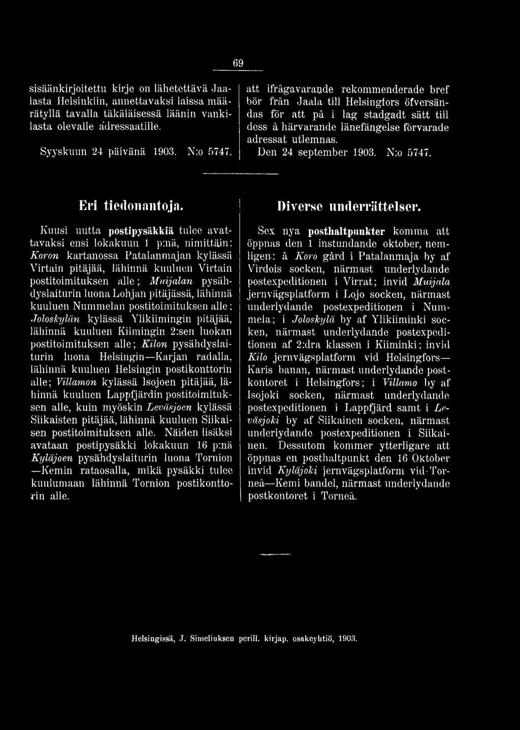 Den 24 september 1903. N:o 5747. Eri tiedonantoja.