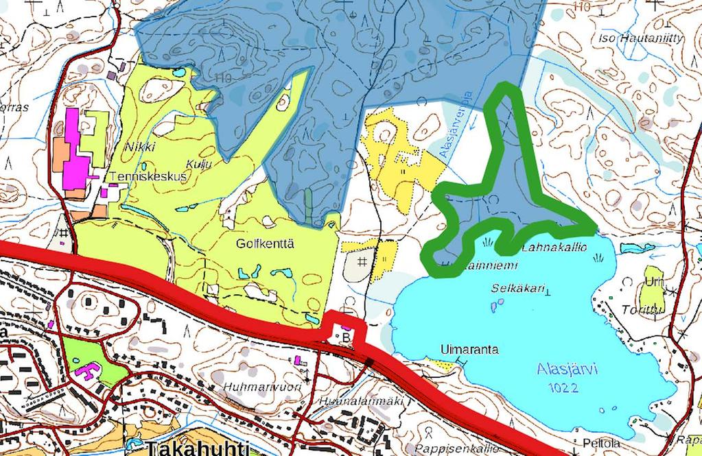 SUOJELUALUEET SEKÄ ALUERAJAUKSET Sinisellä merkityt koskemattomat metsäalueet suojellaan. Golfkenttäalueen rajaukset tulevat pysymään ko. alueen sekä Teiskontien välissä.