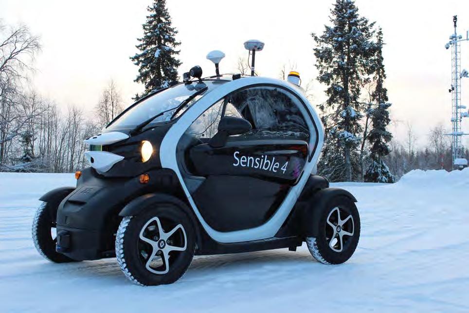 Kuva 3. Suomalainen Sensible4 Oy kehittää Suomen olosuhteissa toimivia autonomisten ajoneuvojen tekniikoita esimerkiksi robottiautoihin ja -busseihin. (Kuva: http://sensible4.
