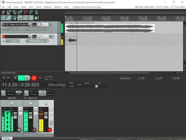 Jos moniraitaäänityksissä on ongelmia Audacity -ohjelman kanssa, niin mielestäni paras vaihtoehto on tällöin REAPER, jossa käytettävä menetelmä selviää ylläolevasta kuvasta.