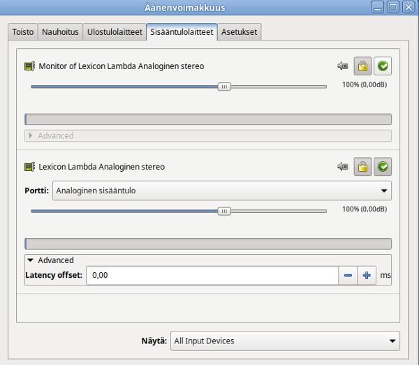 Yllä näet Pulseaudio liittymän Linuxiin.
