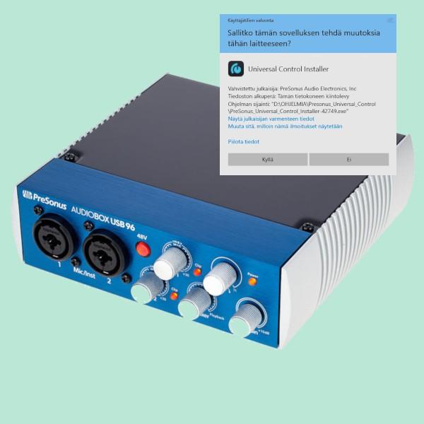 Sitten tuli näiden ulkoisten äänikorttien aika, joista näe yllä Audiobox USB 96 -version, jota tukemaan piti asentaa Presonus Universal Control -ohjelma, jonka mukana sai 64-bittisen ajurin, sillä