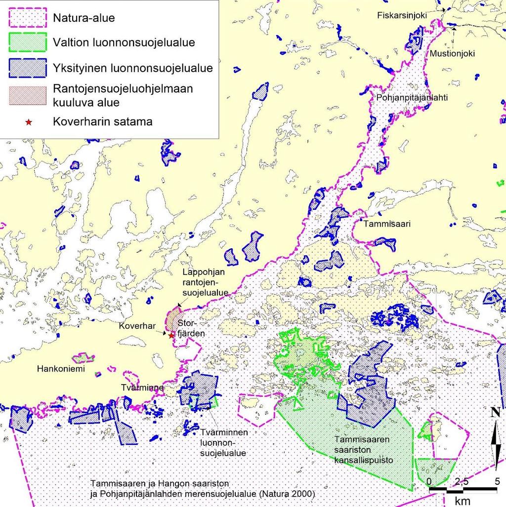 7 Suojelualueet Koverharin satama sijaitsee Tammisaaren ja Hangon saariston ja Pohjanpitäjänlahden merensuojelualueella, joka kuuluu Natura 2000 -verkostoon (kuva 27).