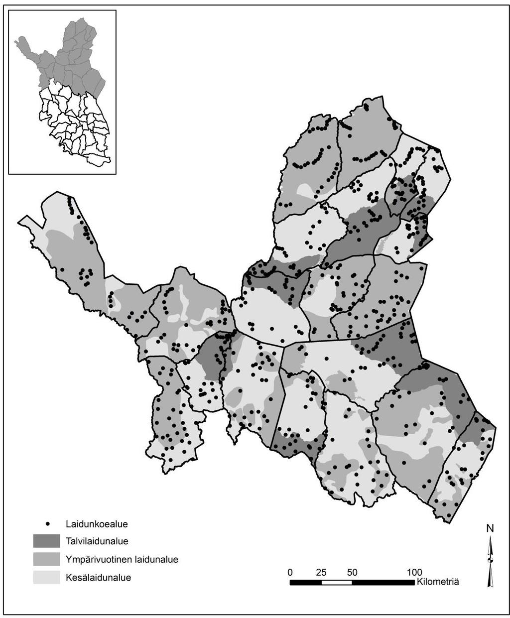 Kuva 2. Sekä vuosina 2005-2008 että vuosina 2016-2018 inventoidut koealat (618 kpl) poronhoitoalueen pohjoisosan 20 paliskunnassa.