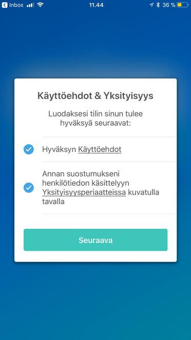 LUE KÄYTTÖEHDOT JA TUTUSTU YKSITYISYYSPERIAATTEESEEN, HYVÄKSY NE JA KLIKKAA SEURAAVA 4 5 SIIRRY TÄMÄN JÄLKEEN HYVÄKSYMÄÄN KÄYTTÄJÄKUTSU ANTAMAASI